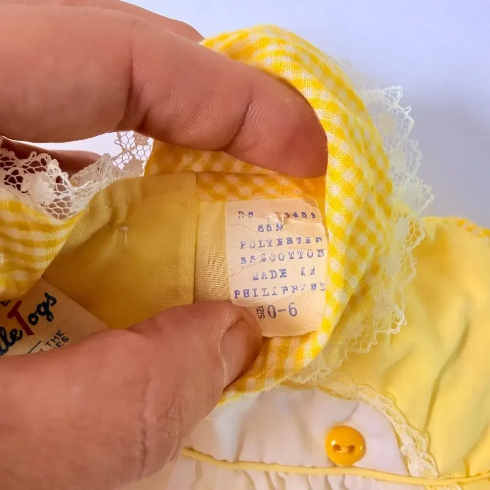 Vintage 70s Cradle Togs Thank Heaven For Little Girls Yellow Pinafore Dress 0-6m